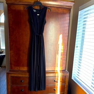 Donna Ricco Sleeveless Black Jumpsuit with Silver Accent and Tie Belt at Waist